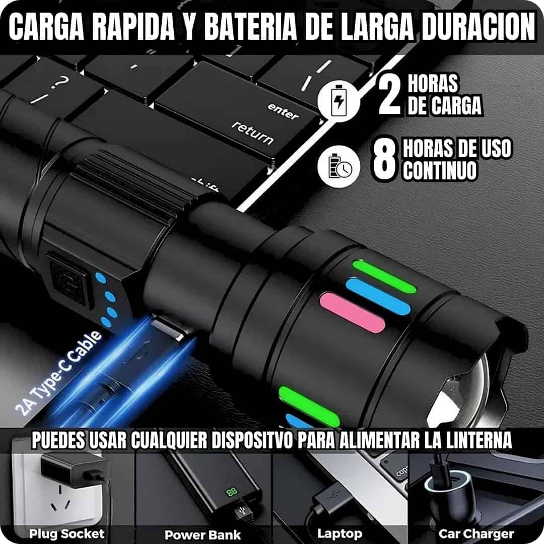 Linterna LED Super Luminosa con Zoom Telescópico de Hasta 3800 Metros Alcanze