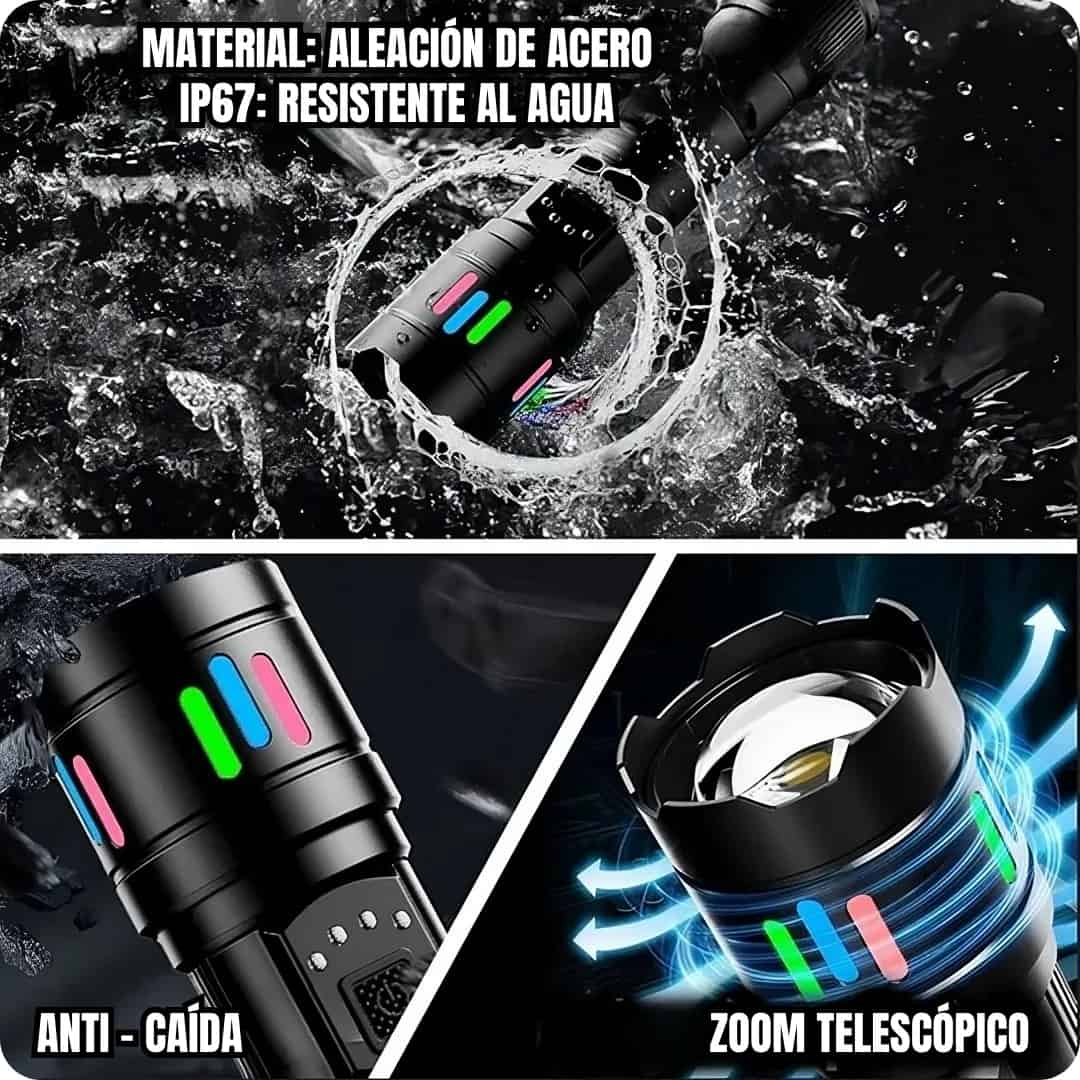 Linterna LED Super Luminosa con Zoom Telescópico de Hasta 3800 Metros Alcanze