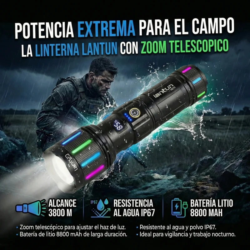 Linterna LED Super Luminosa con Zoom Telescópico de Hasta 3800 Metros Alcanze